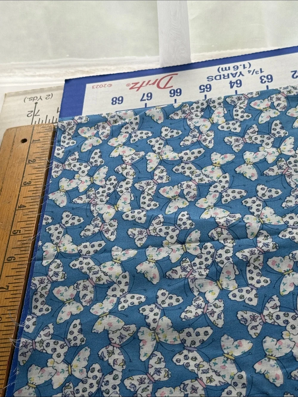 Vintage Blue Butterfly Ditsy Floral Fabric Lightweight 1 3/4 Yards x 44